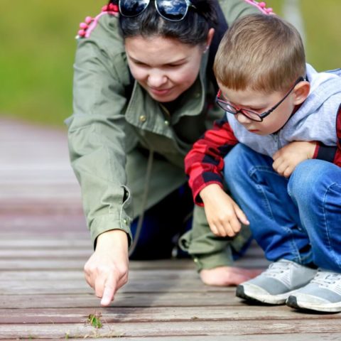 Mother Spends Time With Her Little Son At Nature Park. Mom Point