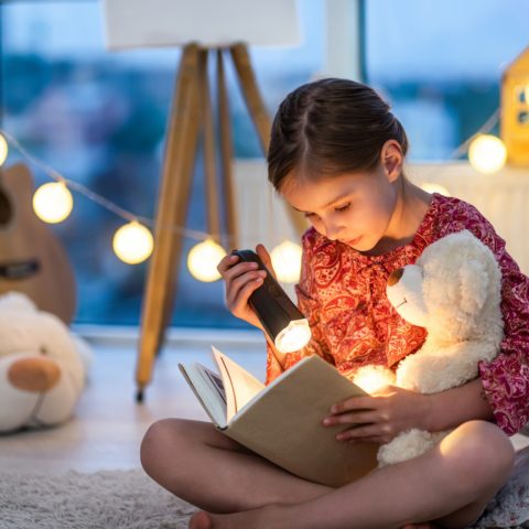 Beautiful brown hair toddler girl reads a book with flashlight i